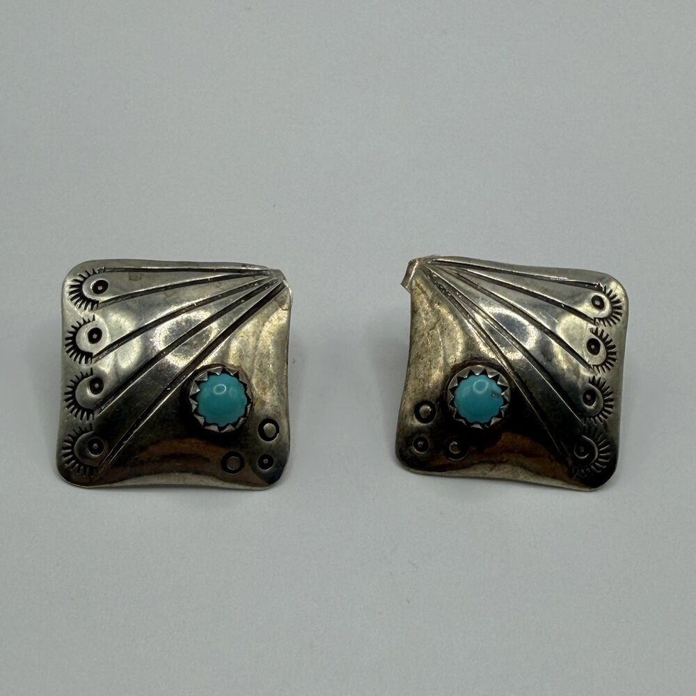 925 Sterling Silver Turquoise Square Earrings Southwestern Stamped 4.4g